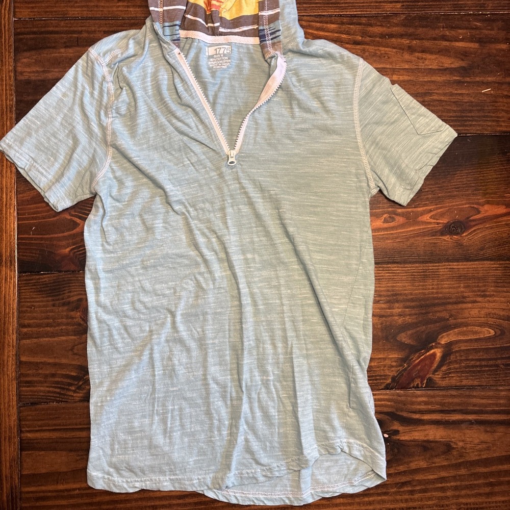 1775 Mens Short Sleeve Quarter Zip Hoodie Slub Knit Teal Striped Hood Size Small